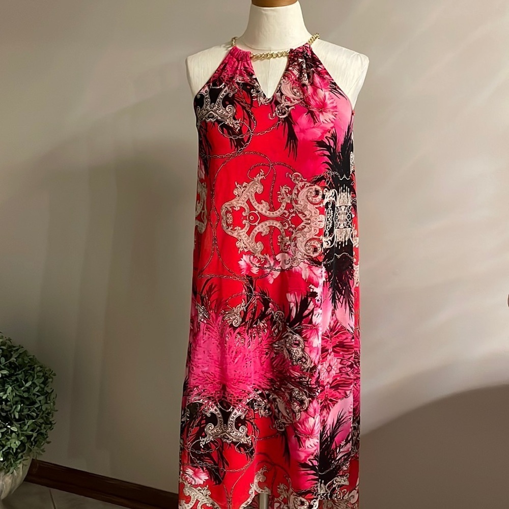 JENNIFFER LOPEZ red pink HIGH LOW sleevless halter Chain neckline attached XS